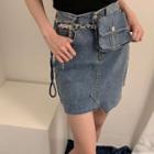 Belt Pouch Asymmetric Denim Skirt