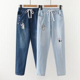 Cat Embroiderd Tapered Jeans
