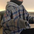 Long-sleeve Mock Two-piece Turtleneck Plaid Hoodie