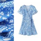 Short-sleeve Printed Mini A-line Wrap Dress