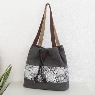 Canvas Floral Print Drawstring Tote Bag