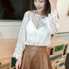Long-sleeve Perforated Lace Top White - One Size