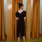 Puff-sleeve Contrast Trim Midi Sheath Dress