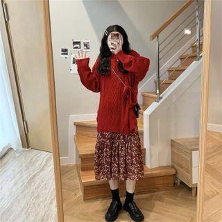Tie-waist Cable Knit Sweater / Long-sleeve Floral Print Midi A-line Dress