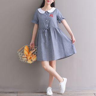 Pinstriped Short-sleeve Collared A-line Dress