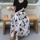 Short-sleeve Collared Blouse / Floral Print A-line Maxi Skirt