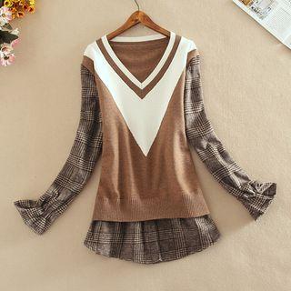 V-neck Plaid Panel Sweater