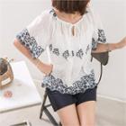 Short-sleeve Tie-front Embroidered Sheer Top