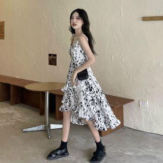 Spaghetti Strap Printed Asymmetrical A-line Dress