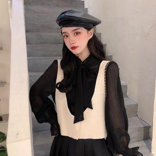 Tie-neck Flared-cuff Blouse / V-neck Button Vest