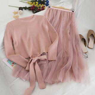 Set: Lace-up Sweater + Mesh Midi A-line Skirt