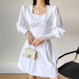 Lantern-sleeve Square-neck Mini A-line Dress
