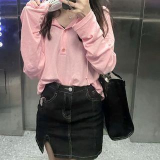 Long-sleeve Hooded Henley Top / Slit Denim Mini Pencil Skirt