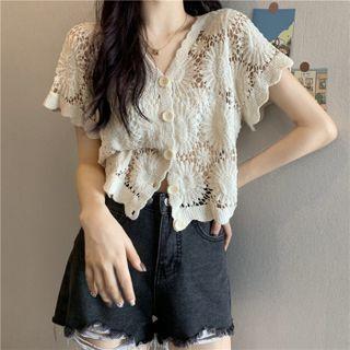 Cut Out V Neck Short Sleeve Knitted Cardigan