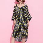 Pineapple Print Cold Shoulder Midi Chiffon Dress