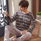 Loungewear Set : Long-sleeve Striped Lettering Top + Pants