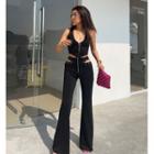 V-neck Lace-up Cropped Tank Top / High-waist Cutout Flared Pants