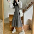 Long-sleeve Blouse / Houndstooth Mini A-line Pinafore Dress