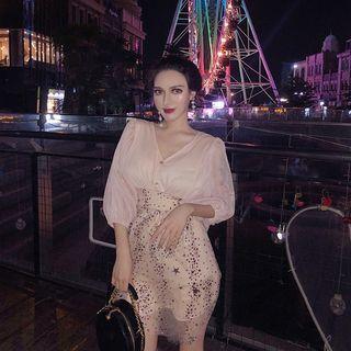 Sequined Puff-sleeve Mesh Mini A-line Dress
