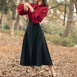 Set: Puff-sleeve Shirt + Midi Skirt