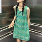 Sleeveless Flower Print Mini Shift Dress Green - One Size