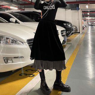 Ruffled Mock Two Piece Velvet A-line Skirt
