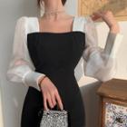 Puff-sleeve Paneled Midi Sheath Dress