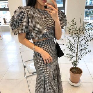 Set: Short-sleeve Plaid Blouse + Midi Mermaid Skirt