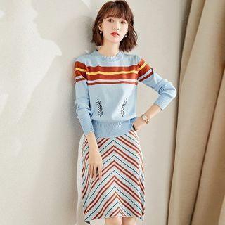 Set : Round-neck Striped Sweater + High-waist Skirt