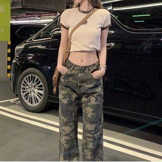 Short-sleeve Number Print T-shirt / Camouflage Print Baggy Jeans