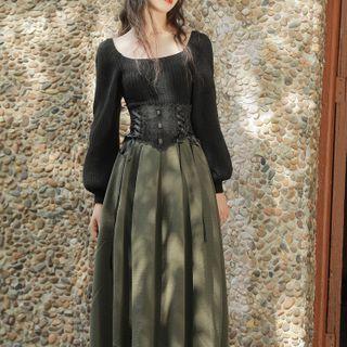 Plain Knit Top / Midi A-line Skirt / Set