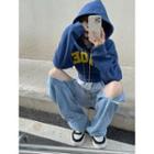 Embroider Letter Hooded Oversize Cropped Pullover Blue - One Size
