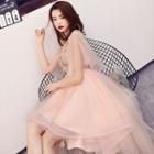 Short-sleeve Mesh High-low Prom Dress