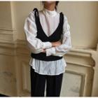 Set: Plain Shirt + Strappy Vest Shirt - White - One Size / Vest - Black - One Size