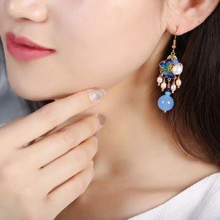 Retro Cloisonne Butterfly Pearl Dangle Earring