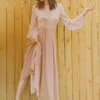 V-neck Balloon-sleeve Lace Panel Midi A-line Dress