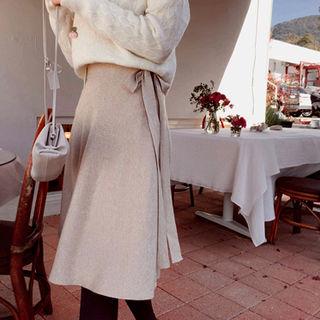 Beribboned Knit Midi Flare Skirt
