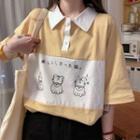 Cat Print Color-block Elbow-sleeve Polo-neck T-shirt