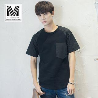 Short-sleeve Loose-fit Crewneck Pocketed Plain Panel T-shirt