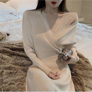 V-neck Lace Knit Midi Dress