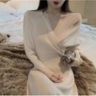 V-neck Lace Knit Midi Dress
