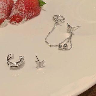 Butterfly Faux Pearl Alloy Cuff Earring 3 Pcs - Silver - One Size