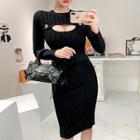 Long-sleeve Cutout Knit Sheath Dress Black - One Size