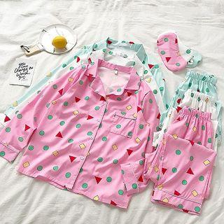 Set:picture Printed Single-breasted Long-sleeve Top + High-waist Pants
