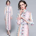 Long-sleeve Flower Print Midi Shirt Dress