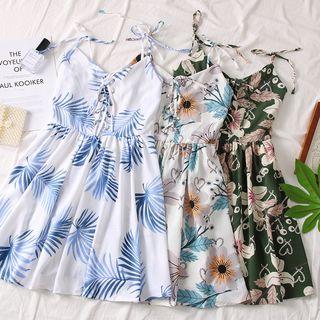 Flower-print Lace-up Mini Dress