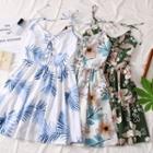 Flower-print Lace-up Mini Dress