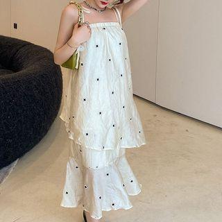 Embroidered Spaghetti Strap Layered Midi Dress