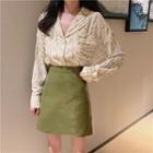 Printed Blouse / High-waist Mini A-line Skirt