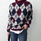 Mock-neck Argyle Wool Blend Sweater